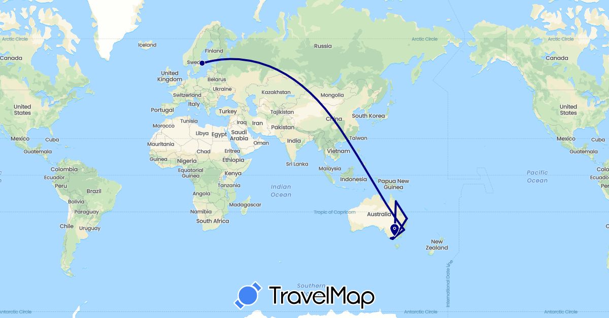 TravelMap itinerary: driving in Australia, China, Finland, Sweden (Asia, Europe, Oceania)